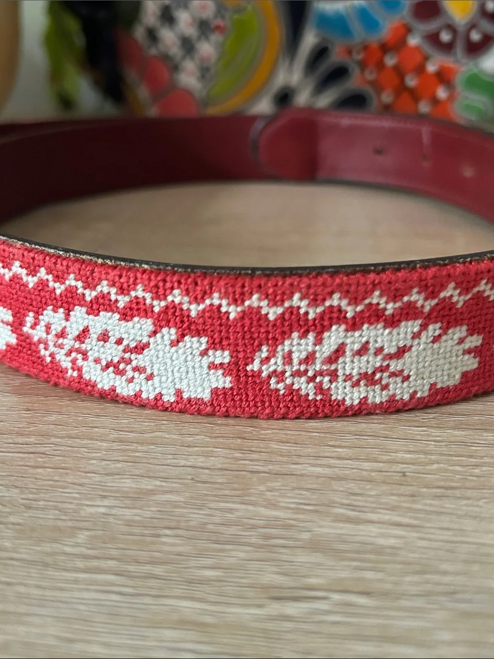 Tucker Blair Needlepoint Preppy Belt with Leather Trim and Brass Buckle - 40